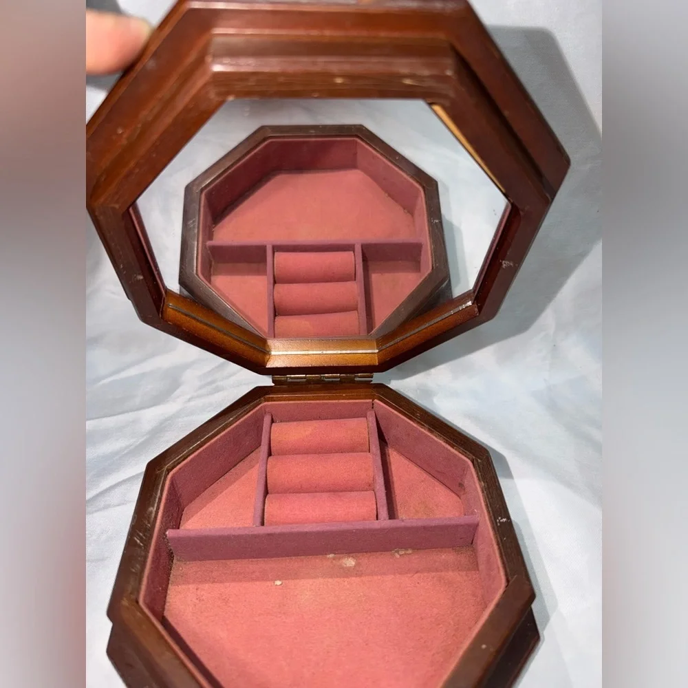 Vintage Octagon Wood Jewelry Box | Floral Needlepoint Lid & Mirror